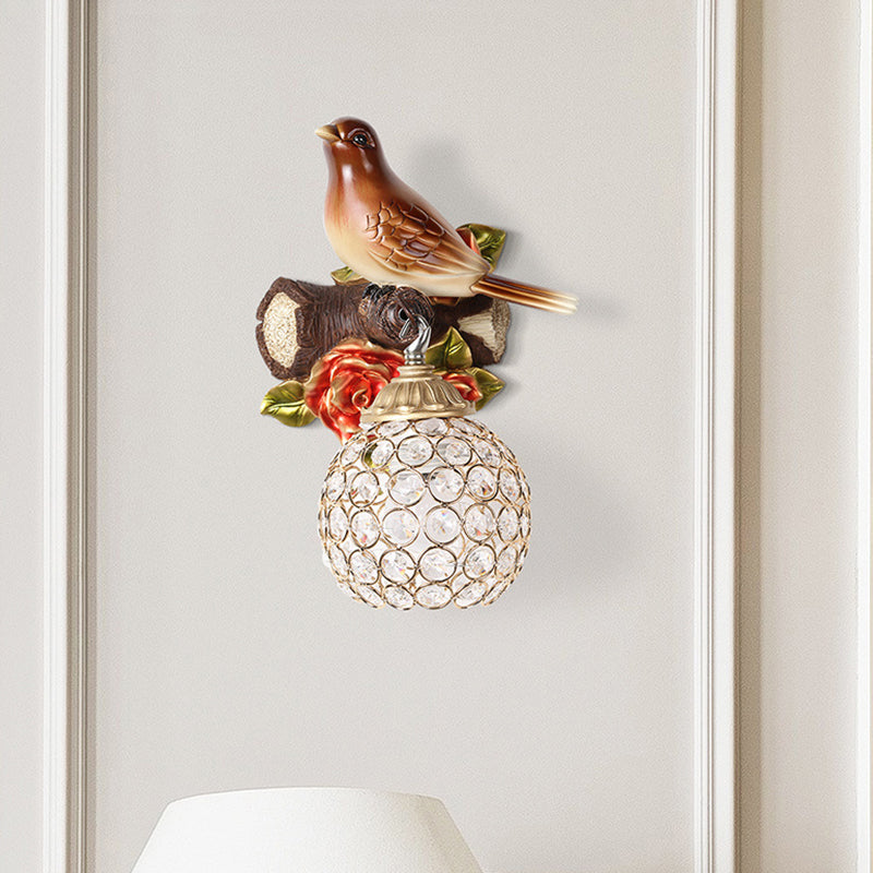 Retro Style Brown Wall Lamp with Crystal Encrusted Bubble Bird Design, Single Bulb, Left/Right Mount