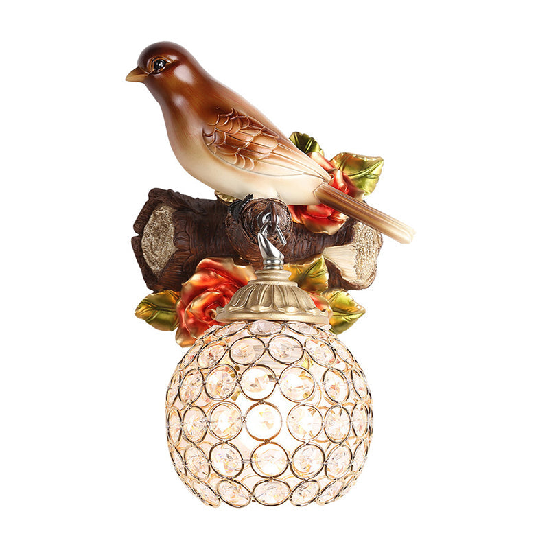 Retro Style Brown Wall Lamp with Crystal Encrusted Bubble Bird Design, Single Bulb, Left/Right Mount