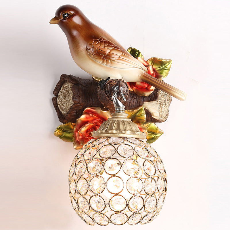 Retro Style Brown Wall Lamp with Crystal Encrusted Bubble Bird Design, Single Bulb, Left/Right Mount