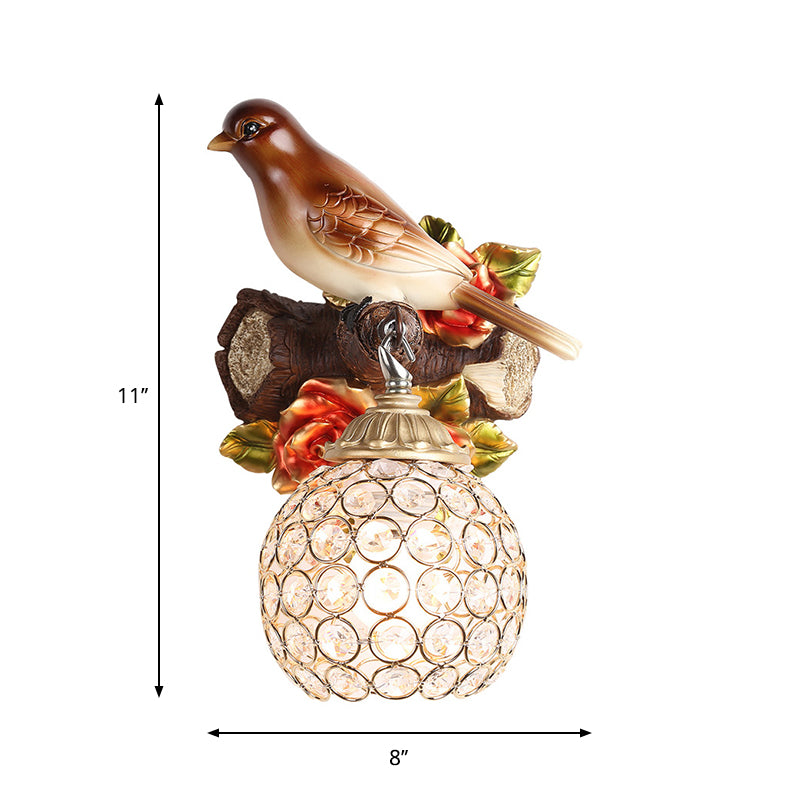 Retro Style Brown Wall Lamp with Crystal Encrusted Bubble Bird Design, Single Bulb, Left/Right Mount