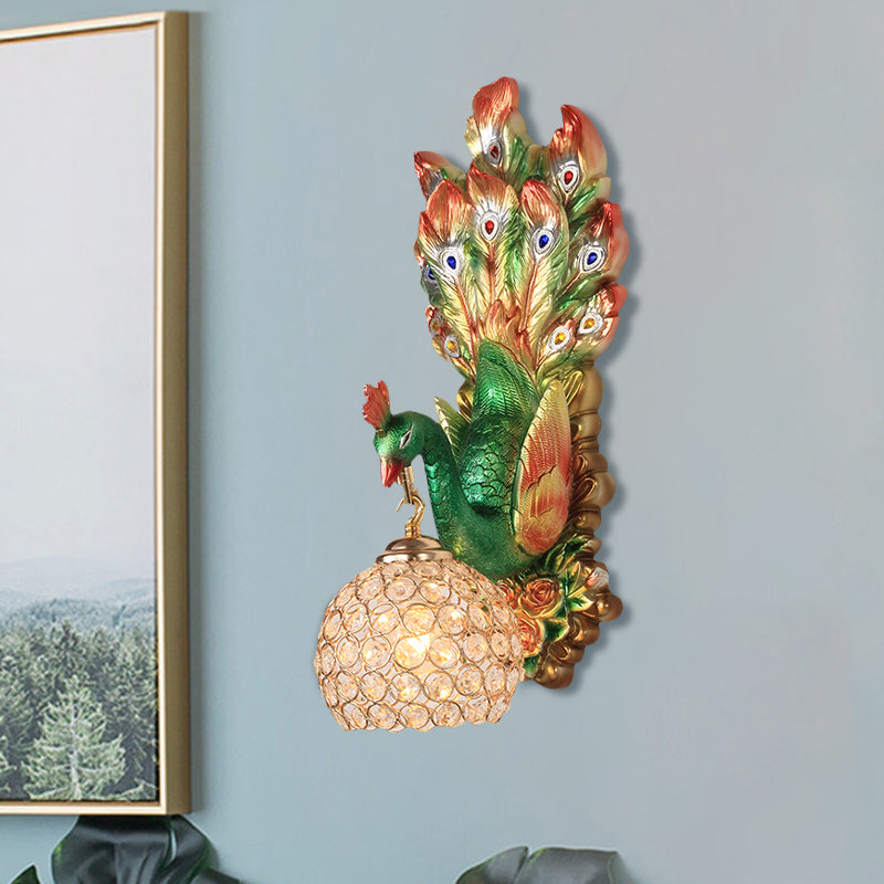 Spherical Farmhouse Wall Sconce with Clear Crystal, 1-Light Blue/Green/Gold Peacock Design