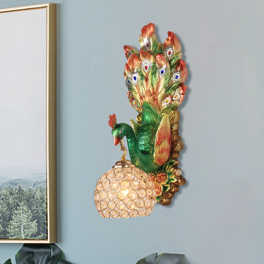 Spherical Farmhouse Wall Sconce with Clear Crystal, 1-Light Blue/Green/Gold Peacock Design