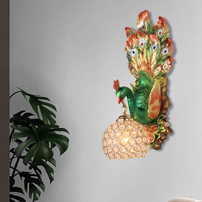 Spherical Farmhouse Wall Sconce with Clear Crystal, 1-Light Blue/Green/Gold Peacock Design