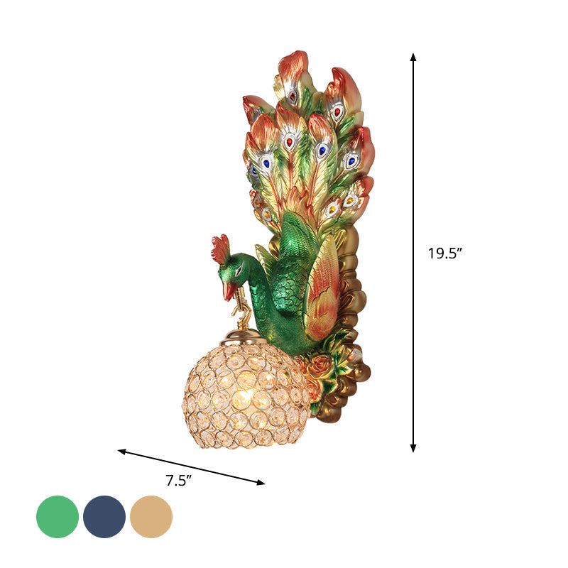 Spherical Farmhouse Wall Sconce with Clear Crystal, 1-Light Blue/Green/Gold Peacock Design