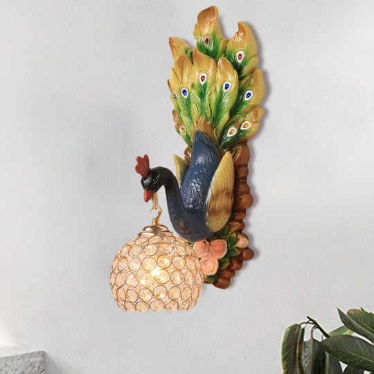 Spherical Farmhouse Wall Sconce with Clear Crystal, 1-Light Blue/Green/Gold Peacock Design