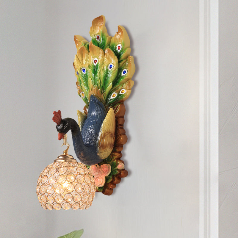 Spherical Farmhouse Wall Sconce with Clear Crystal, 1-Light Blue/Green/Gold Peacock Design