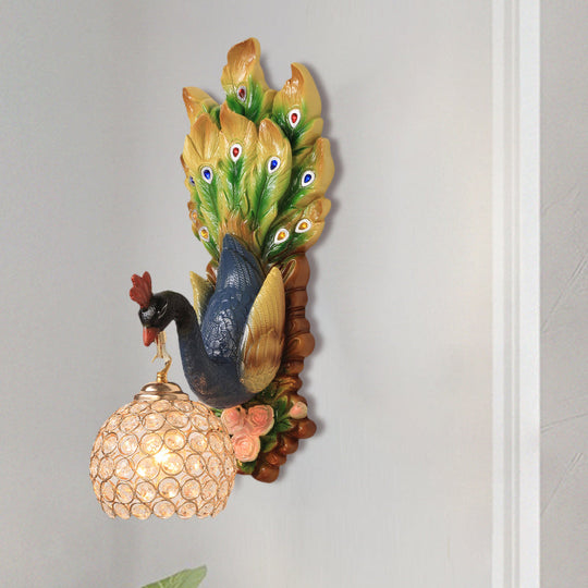 Spherical Farmhouse Wall Sconce with Clear Crystal, 1-Light Blue/Green/Gold Peacock Design