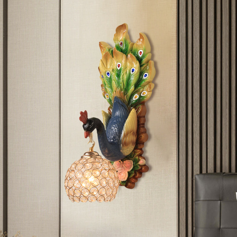 Spherical Farmhouse Wall Sconce with Clear Crystal, 1-Light Blue/Green/Gold Peacock Design