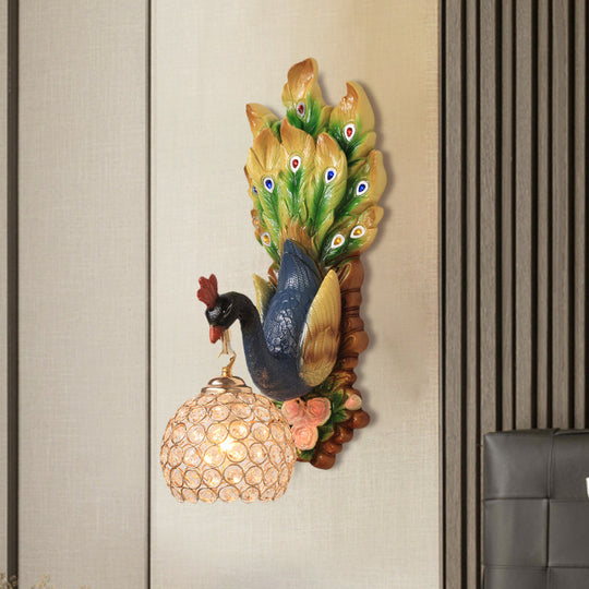 Spherical Farmhouse Wall Sconce with Clear Crystal, 1-Light Blue/Green/Gold Peacock Design