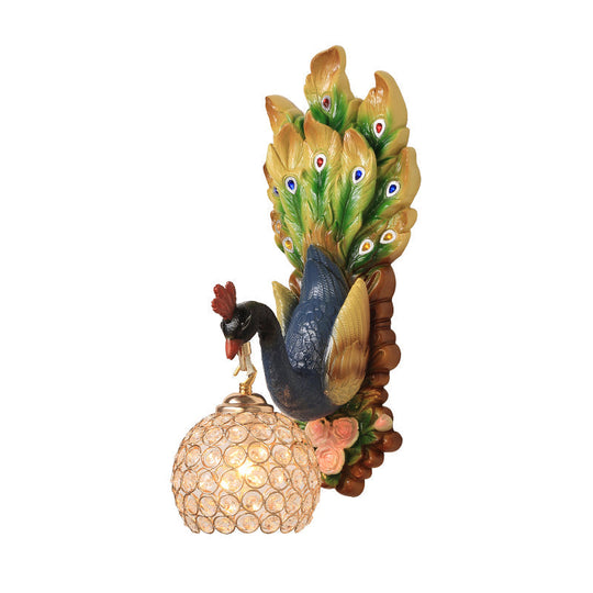 Spherical Farmhouse Wall Sconce with Clear Crystal, 1-Light Blue/Green/Gold Peacock Design