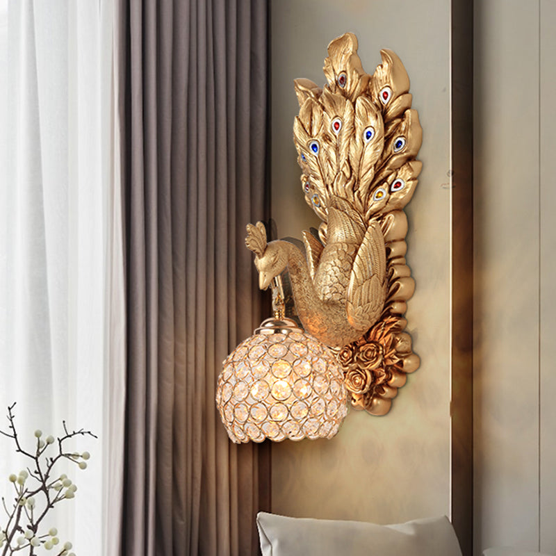 Spherical Farmhouse Wall Sconce with Clear Crystal, 1-Light Blue/Green/Gold Peacock Design