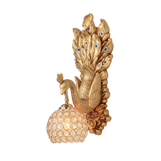 Spherical Farmhouse Wall Sconce with Clear Crystal, 1-Light Blue/Green/Gold Peacock Design