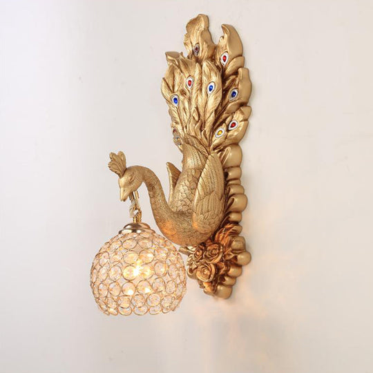 Spherical Farmhouse Wall Sconce with Clear Crystal, 1-Light Blue/Green/Gold Peacock Design