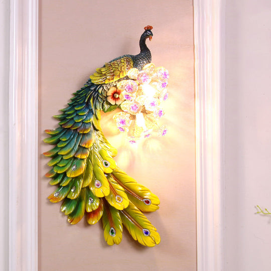Rural Resin Peacock Wall Mounted Lamp: 2-Light White/Green/Gold Wall Lighting with Floral Crystal Ball Decor - Left/Right Option