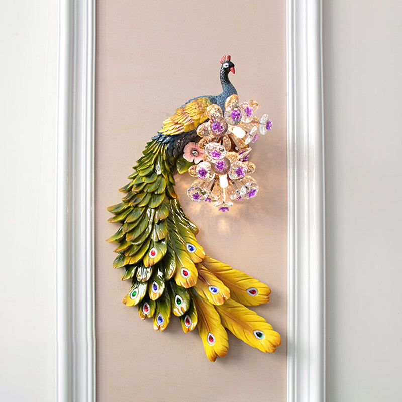 Rural Resin Peacock Wall Mounted Lamp: 2-Light White/Green/Gold Wall Lighting with Floral Crystal Ball Decor - Left/Right Option