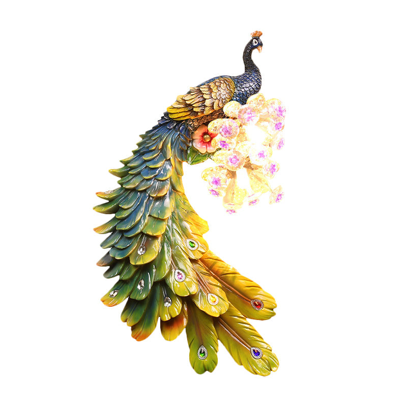 Rural Resin Peacock Wall Mounted Lamp: 2-Light White/Green/Gold Wall Lighting with Floral Crystal Ball Decor - Left/Right Option