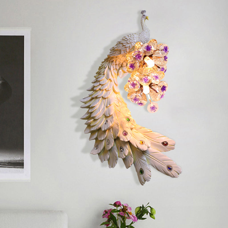 Rural Resin Peacock Wall Mounted Lamp: 2-Light White/Green/Gold Wall Lighting with Floral Crystal Ball Decor - Left/Right Option