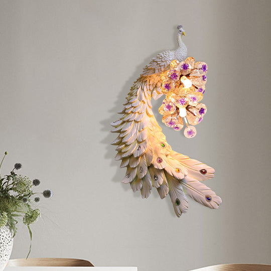 Rural Resin Peacock Wall Mounted Lamp: 2-Light White/Green/Gold Wall Lighting with Floral Crystal Ball Decor - Left/Right Option