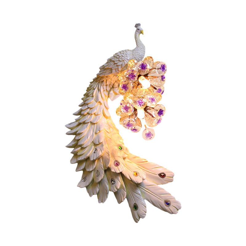 Rural Resin Peacock Wall Mounted Lamp: 2-Light White/Green/Gold Wall Lighting with Floral Crystal Ball Decor - Left/Right Option