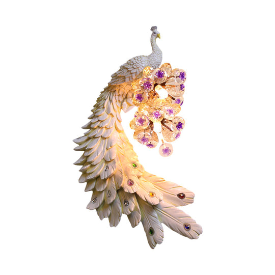Rural Resin Peacock Wall Mounted Lamp: 2-Light White/Green/Gold Wall Lighting with Floral Crystal Ball Decor - Left/Right Option