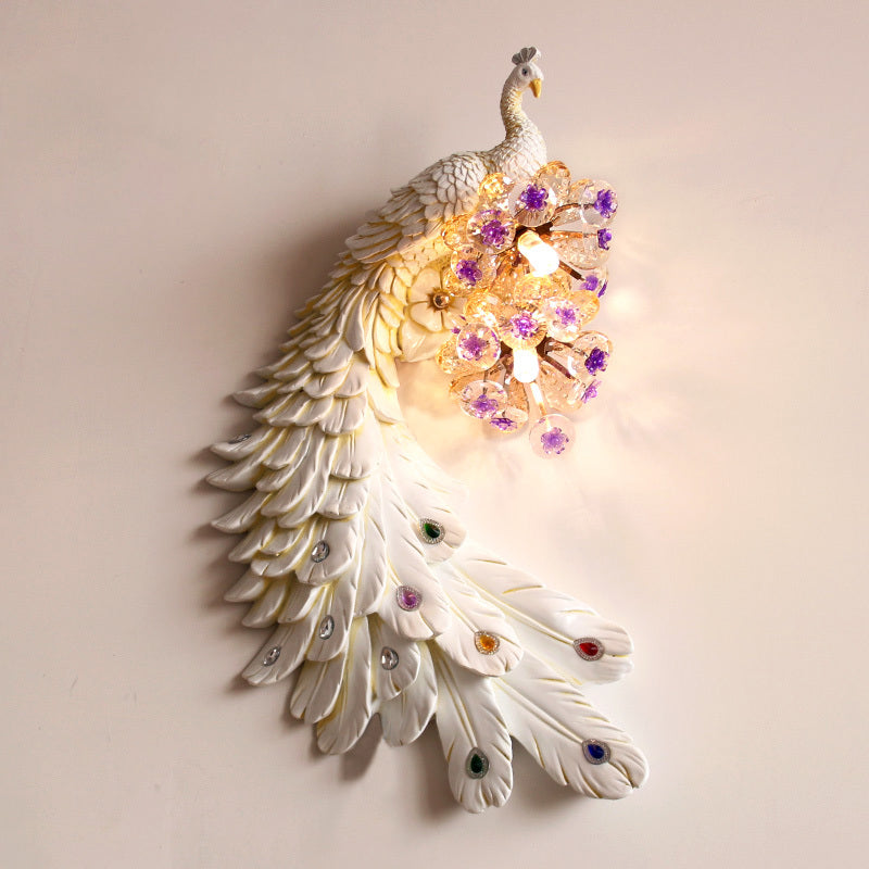 Rural Resin Peacock Wall Mounted Lamp: 2-Light White/Green/Gold Wall Lighting with Floral Crystal Ball Decor - Left/Right Option