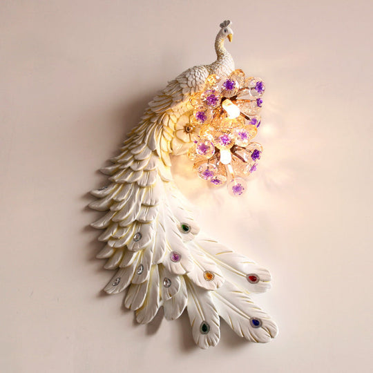 Rural Resin Peacock Wall Mounted Lamp: 2-Light White/Green/Gold Wall Lighting with Floral Crystal Ball Decor - Left/Right Option