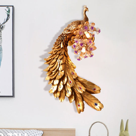 Rural Resin Peacock Wall Mounted Lamp: 2-Light White/Green/Gold Wall Lighting with Floral Crystal Ball Decor - Left/Right Option