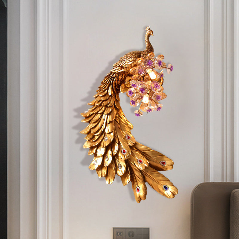 Rural Resin Peacock Wall Mounted Lamp: 2-Light White/Green/Gold Wall Lighting with Floral Crystal Ball Decor - Left/Right Option
