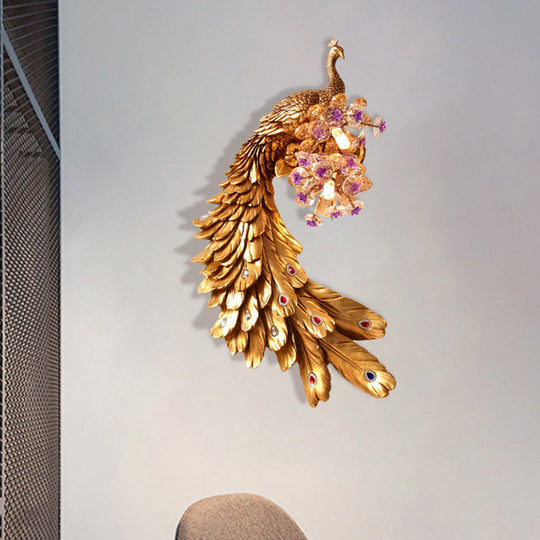 Rural Resin Peacock Wall Mounted Lamp: 2-Light White/Green/Gold Wall Lighting with Floral Crystal Ball Decor - Left/Right Option