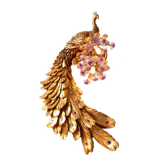 Rural Resin Peacock Wall Mounted Lamp: 2-Light White/Green/Gold Wall Lighting with Floral Crystal Ball Decor - Left/Right Option