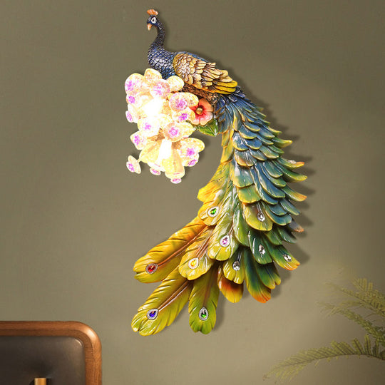 Rural Resin Peacock Wall Mounted Lamp: 2-Light White/Green/Gold Wall Lighting with Floral Crystal Ball Decor - Left/Right Option
