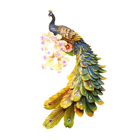 Rural Resin Peacock Wall Mounted Lamp: 2-Light White/Green/Gold Wall Lighting with Floral Crystal Ball Decor - Left/Right Option