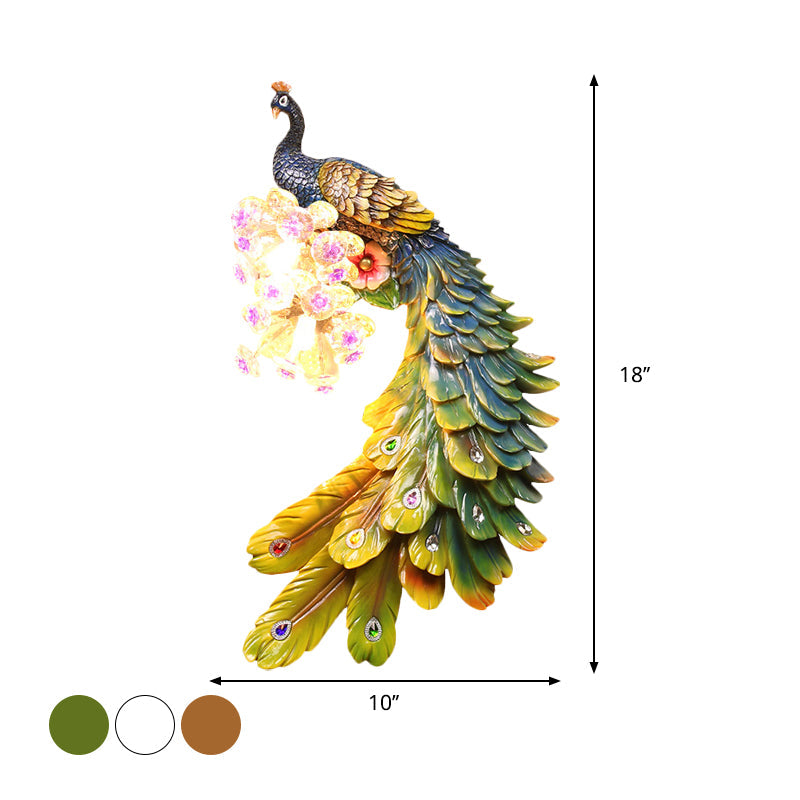 Rural Resin Peacock Wall Mounted Lamp: 2-Light White/Green/Gold Wall Lighting with Floral Crystal Ball Decor - Left/Right Option