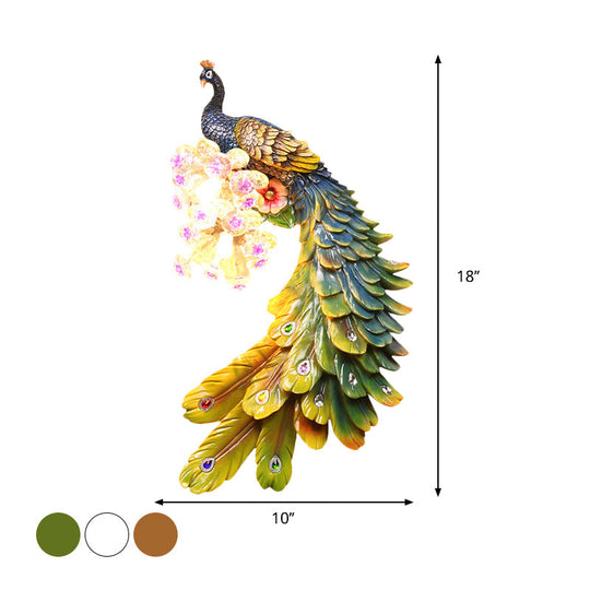 Rural Resin Peacock Wall Mounted Lamp: 2-Light White/Green/Gold Wall Lighting with Floral Crystal Ball Decor - Left/Right Option