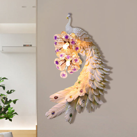 Rural Resin Peacock Wall Mounted Lamp: 2-Light White/Green/Gold Wall Lighting with Floral Crystal Ball Decor - Left/Right Option