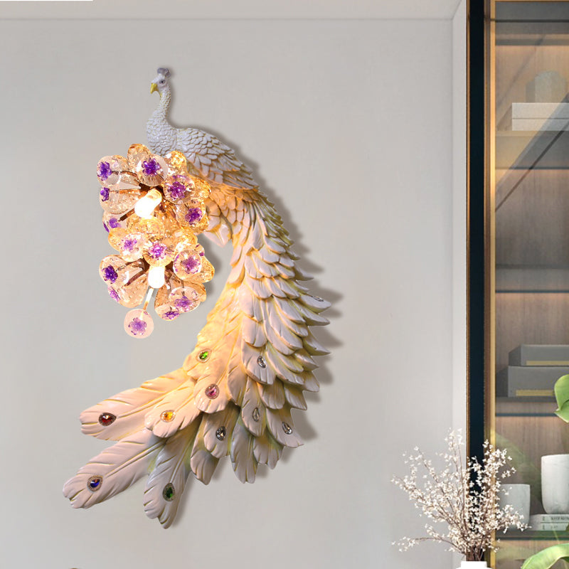 Rural Resin Peacock Wall Mounted Lamp: 2-Light White/Green/Gold Wall Lighting with Floral Crystal Ball Decor - Left/Right Option