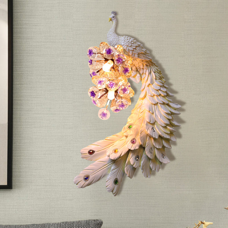 Rural Resin Peacock Wall Mounted Lamp: 2-Light White/Green/Gold Wall Lighting with Floral Crystal Ball Decor - Left/Right Option