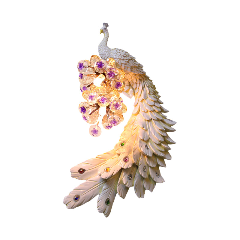 Rural Resin Peacock Wall Mounted Lamp: 2-Light White/Green/Gold Wall Lighting with Floral Crystal Ball Decor - Left/Right Option