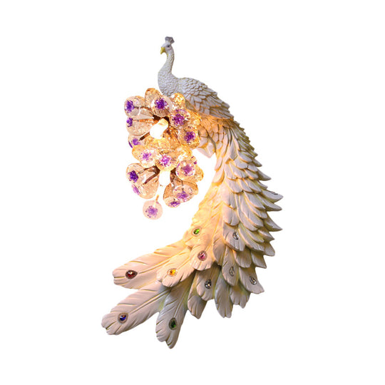 Rural Resin Peacock Wall Mounted Lamp: 2-Light White/Green/Gold Wall Lighting with Floral Crystal Ball Decor - Left/Right Option