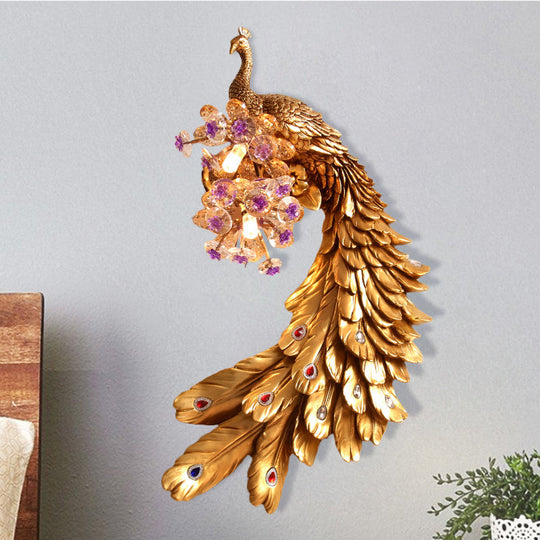 Rural Resin Peacock Wall Mounted Lamp: 2-Light White/Green/Gold Wall Lighting with Floral Crystal Ball Decor - Left/Right Option