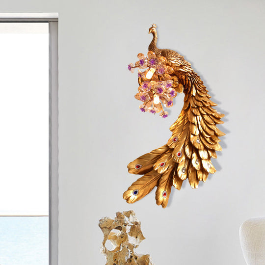 Rural Resin Peacock Wall Mounted Lamp: 2-Light White/Green/Gold Wall Lighting with Floral Crystal Ball Decor - Left/Right Option