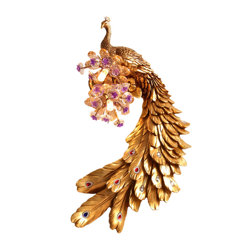 Rural Resin Peacock Wall Mounted Lamp: 2-Light White/Green/Gold Wall Lighting with Floral Crystal Ball Decor - Left/Right Option