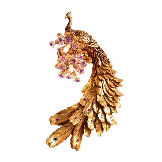 Rural Resin Peacock Wall Mounted Lamp: 2-Light White/Green/Gold Wall Lighting with Floral Crystal Ball Decor - Left/Right Option