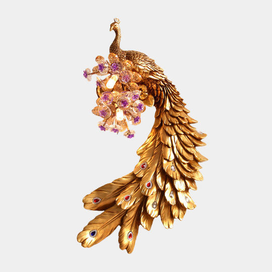 Rural Resin Peacock Wall Mounted Lamp: 2-Light White/Green/Gold Wall Lighting with Floral Crystal Ball Decor - Left/Right Option