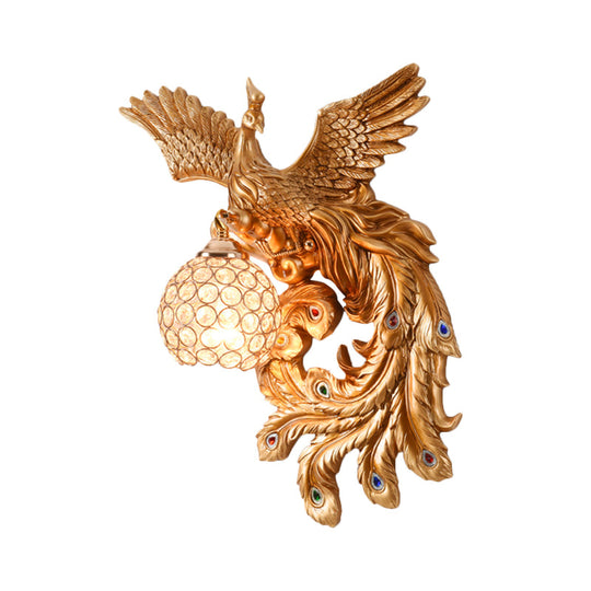 Peacock Flying Wall Mount Light: White/Green/Gold Resin with Crystal Shade, Left/Right