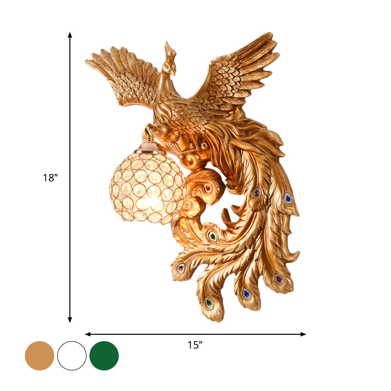 Peacock Flying Wall Mount Light: White/Green/Gold Resin with Crystal Shade, Left/Right