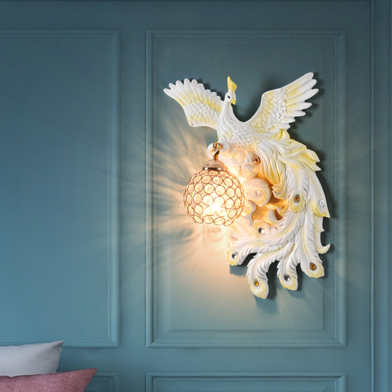 Peacock Flying Wall Mount Light: White/Green/Gold Resin with Crystal Shade, Left/Right