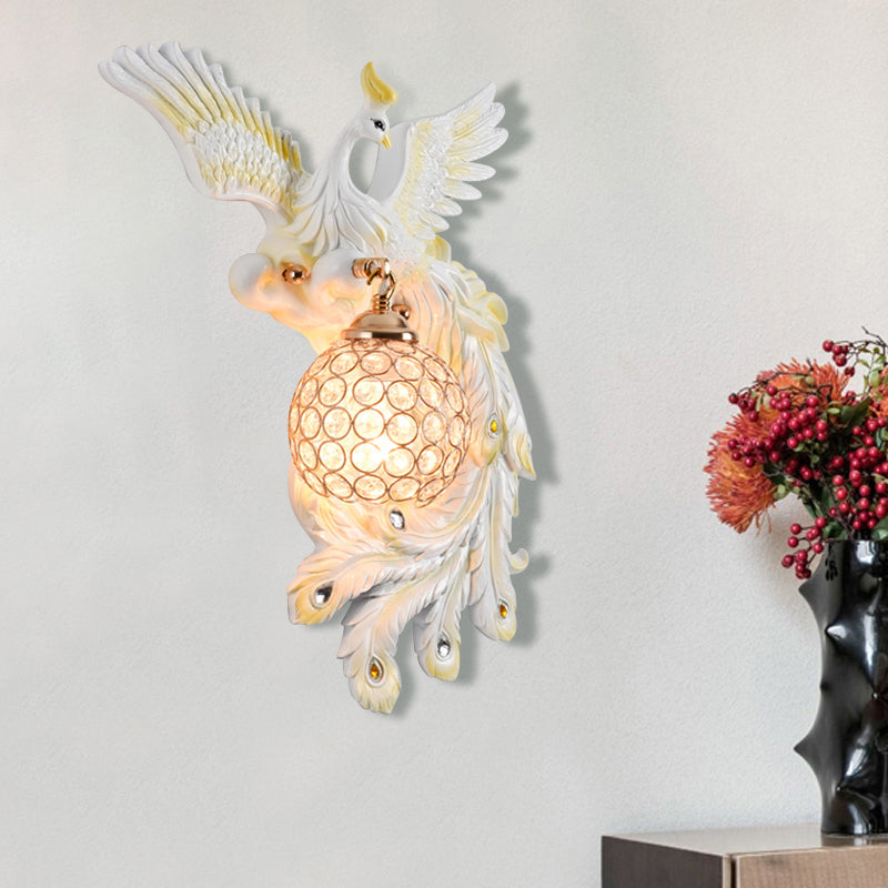 Peacock Flying Wall Mount Light: White/Green/Gold Resin with Crystal Shade, Left/Right