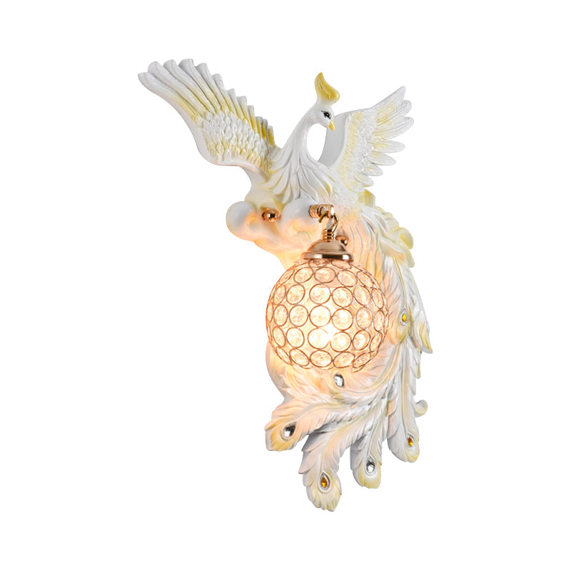 Peacock Flying Wall Mount Light: White/Green/Gold Resin with Crystal Shade, Left/Right