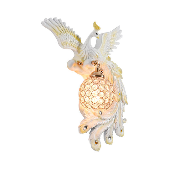 Peacock Flying Wall Mount Light: White/Green/Gold Resin with Crystal Shade, Left/Right